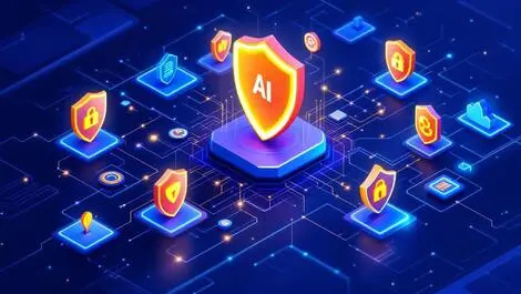 Centralized ai cybersecurity platform integrating security tools digital shields network nodes blue tone