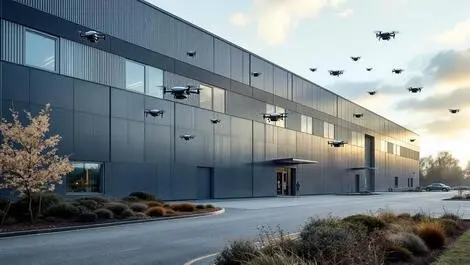 Modern factory exterior european landscape several drones flying nearby photo