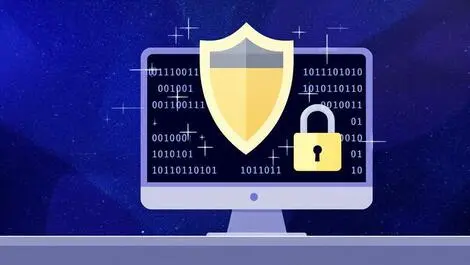 Realistic computer screen security shield binary code padlock cybersecurity update