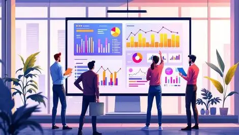Modern office professionals around computer monitor showing colorful data charts