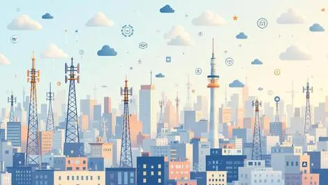 Cityscape cellular towers clouds digital data streams ai telecom integration