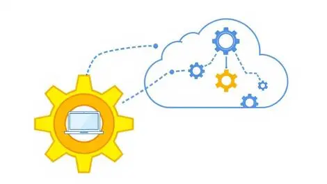 Laptop connected to cloud icons with gears and automation symbols it automation cloud endpoint