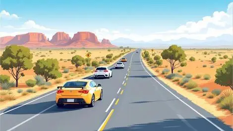 Realistic australian road scene cars driving clear road signs landscape