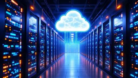 Modern data center flash storage racks glowing servers cloud hybrid data management