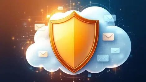 Shield enveloping cloud with digital emails chat circuitry protection
