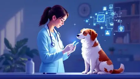 Veterinarian examining dog with glowing digital notepad ai assistance