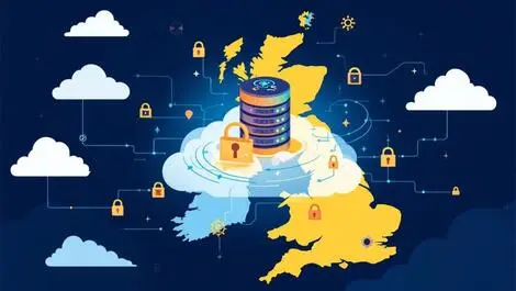 Cloud server illustration uk map digital locks data streams security