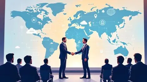 Modern business conference executives handshake ai cloud cybersecurity map