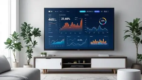 Modern smart tv living room displaying data charts technology analytics