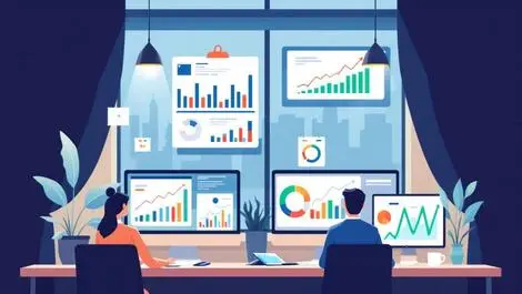 Realistic professional office people working computers charts graphs business growth fintech swedish architecture