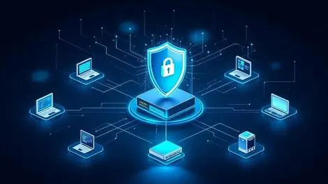 Detailed illustration secure interconnected enterprise network central router shield symbolizing advanced network management security