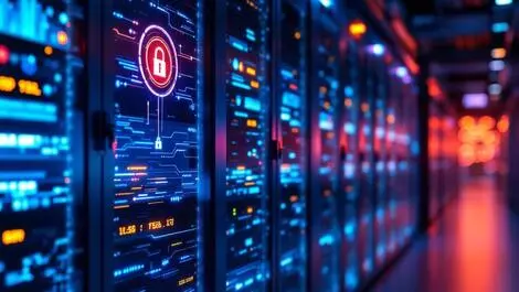 Realistic secure server room locked cabinets digital security icons glowing