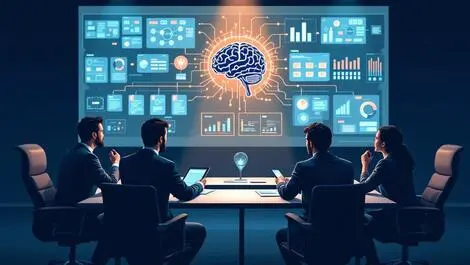 Realistic business meeting executives conference table digital brain ai governance