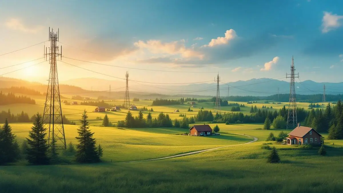 Realistic illustration rural british columbia landscape houses telecom towers internet access