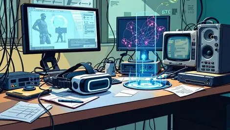 Modern vr headset hologram technology vs obsolete av cables monitors office