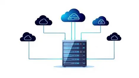 Data center rack glowing blue lines cloud icons hybrid cloud integration