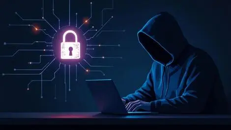 Hooded figure dark room laptop digital network lines glowing padlock cyber threats