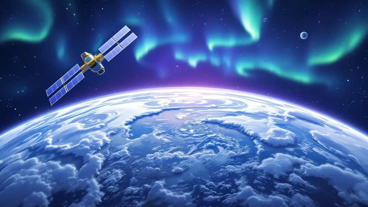 Satellite orbiting earth northern canada aurora borealis clouds illustration