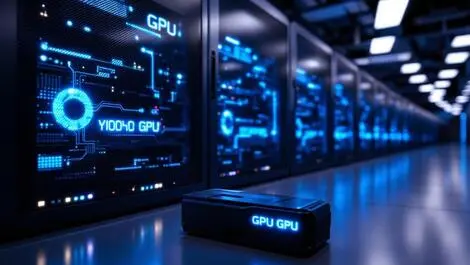 Realistic modern server room rows sleek servers blue light gpu foreground
