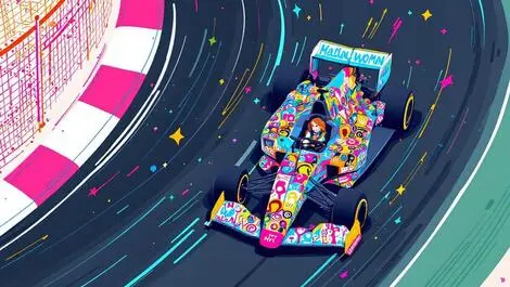 Illustration race car woman driver female achievement motorsport technology vibrant patterns