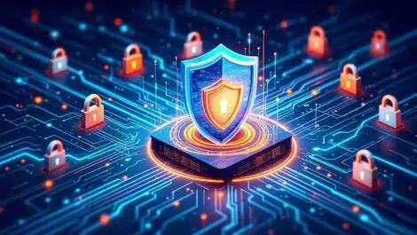 Ai powered cybersecurity shield digital locks streaming data lines rapid protection