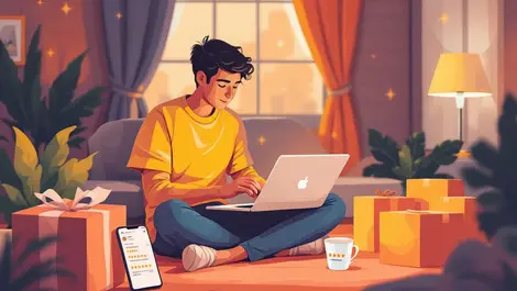 Uk shopper reading product reviews on laptop surrounded by parcels