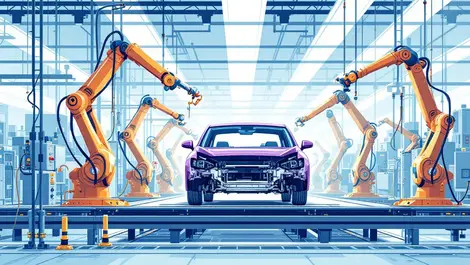 Car assembly line halted robotic arms unassembled vehicle parts disruption