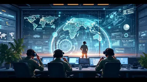 Military personnel advanced headsets holographic maps digital overlays high tech command center