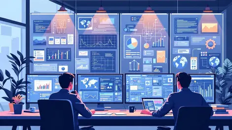 It professionals collaborating network diagrams system dashboards modern office