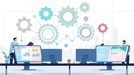 Office automation workflow processes computers gears collaboration illustration