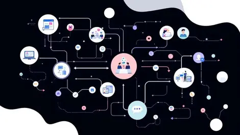 Abstract complex customer journey multidirectional pathways touchpoints icons