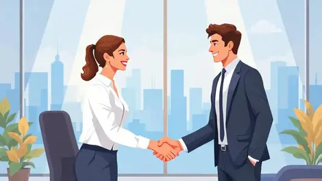 Handshake business professionals modern office city skyline collaboration