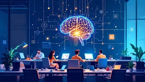 Office workspace employees using computers glowing digital brain ai integration