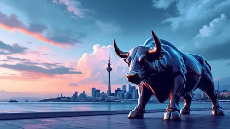 Vibrant bull statue us stock market strong growth wellington harbour skyline