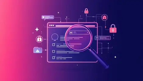 Digital illustration web browser magnifying glass ai data privacy security icons