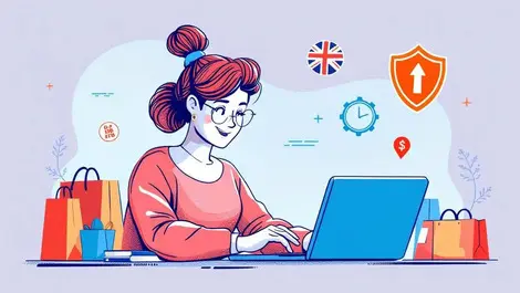 British shopper fast online purchase laptop shopping bags shield trust efficiency uk digital shopping