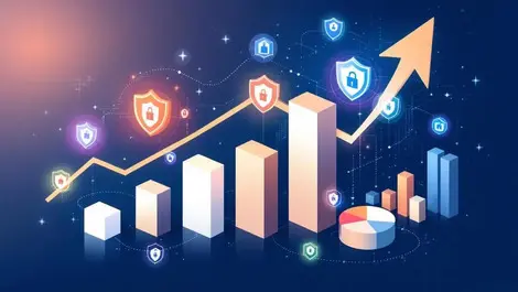 Digital illustration upward bar graphs pie charts security shield icons cybersecurity sales growth