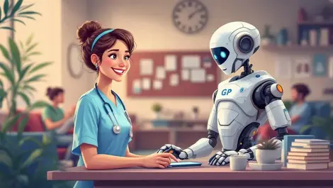 Cheerful nurse robot assisting medical files gp clinic patients