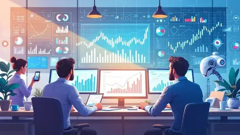 Busy office workspace finance professionals analyzing digital charts graphs ai assist