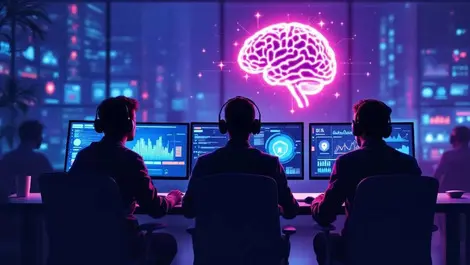 Realistic security operations center professionals monitoring digital threat activity ai brain teamwork