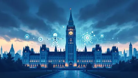 Canadian parliament ai icons robot data streams cloudy sky end ai regulation