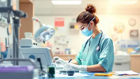 Healthcare professional inspecting medical equipment modern clinic illustration