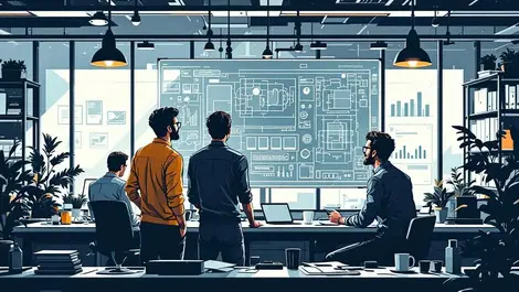 Modern engineering team collaborating digital design schematics office