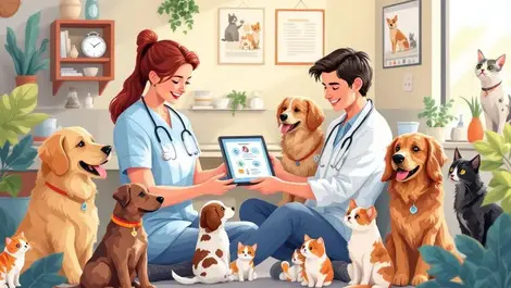 Veterinarian pet owner australian clinic digital tablet pet info dogs cats