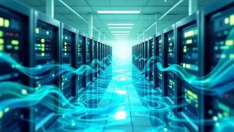 Modern data center rows server racks blue immersion cooling clean energy