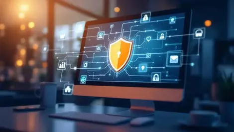 Computer screen with shield security icons modern office digital protection