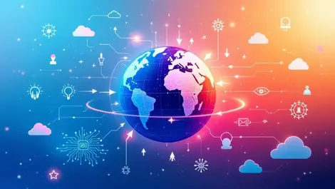 Global expansion arrows to continents with digital clouds and ai circuits