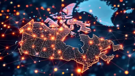 Complex network data cables glowing connection points map canada tech infrastructure scientific collaboration
