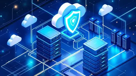 Isometric modern data center racks cloud shield security mags