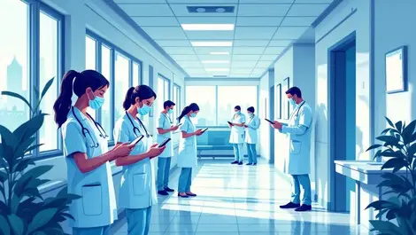 Uk hospital corridor digital records nhs blue london skyline scene